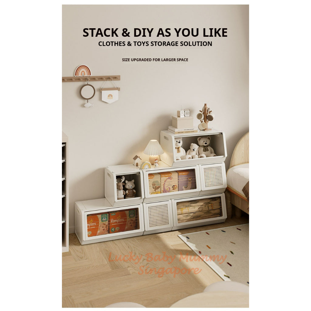 Rattan Lid Storage Cabinet with Door/Stackable Organizer for Home or Kids, Snacks, Baby Storage Box